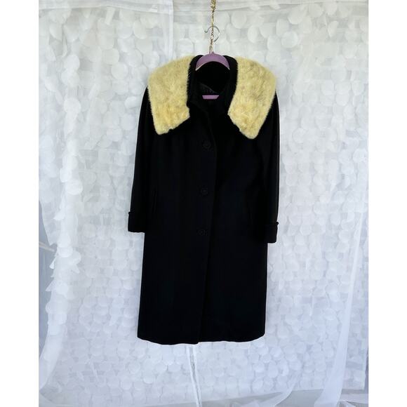 Vintage 50s 60s Long Black Coat 100% Wool Fur Mod Deb Hollywood Glam Retro - Picture 2 of 13